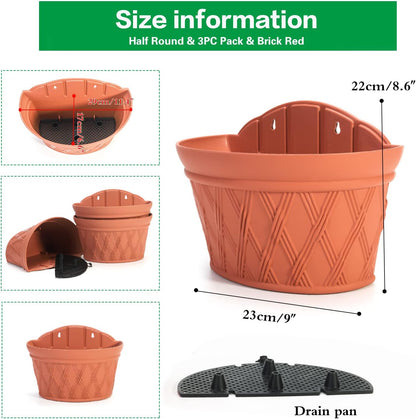 Sungmor Wall Hanging Planters,11.5 Inch Hanging Flower Pots for Railing Fence - Indoor Outdoor Balcony Wall Hanging Basket, Plastic Plant Pot Container - Half Round & 3PC Pack & Brick Red