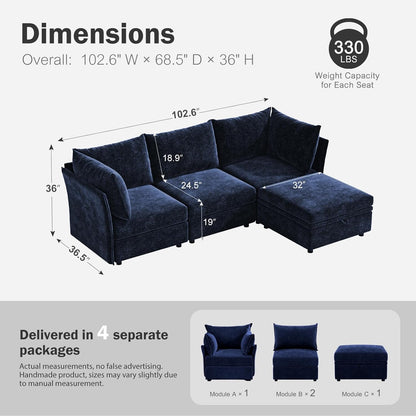 102.6" Modular Sectional Sofa, L Shaped Couch Set for Living Room, 3-Seater Comfy Cloud Couches with Movable Storage Ottoman,DIY Combination - Chenille Blue