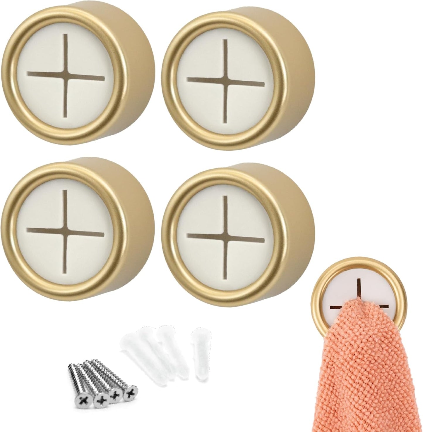 S&T INC. Round Adhesive Push Towel Hooks for Kitchen, Hand and Dish Towels, Brushed Gold, 4 Pack