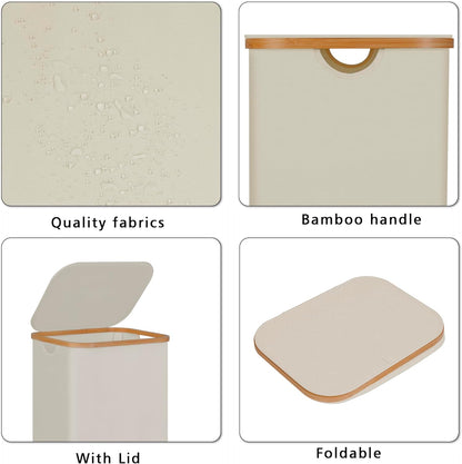 100L Laundry Hamper with Lid, Lagre Basket with Bamboo Handles,Foldable Clothes Hamper Tall Dirty Laundry Basket for Clothes Toys Towels Organizing,Pink