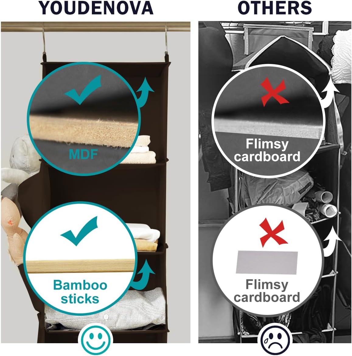 YOUDENOVA Hanging Closet Organizer, 6-Shelf Closet Hanging Storage Shelves, Brown