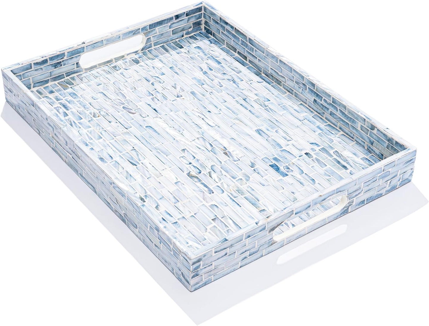 CLAYNIX Serving Tray 12.5 Inch, Wooden Lacquer Tray with Mother of Pearl Inlay, Elegant Tea & Breakfast Tray with Handles (Rectangle)