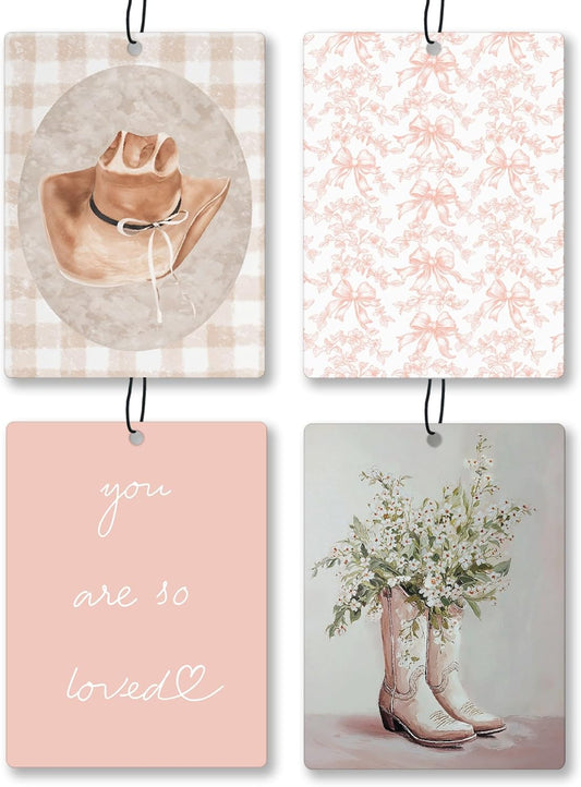 Preppy Western Cowgirl Car Air Freshener 4 Pcs, Pink Bow Floral Cowgirl Hat Boots Hanging Scents Air Freshener for Women Girls Gifts, Cute Scented Car Accessories Decor for Girls Room Nursery