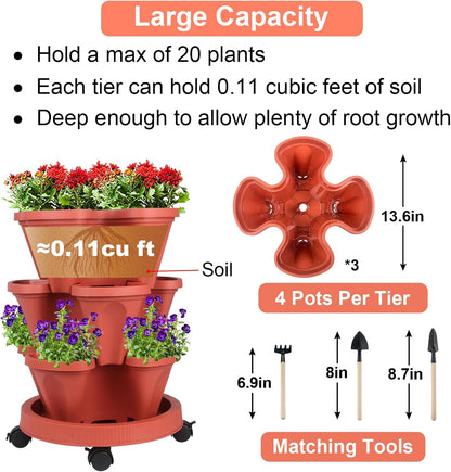 Vertical Planter 3 Tier Stackable Planters Garden Planters Strawberry Herb Flower and Vegetable Planter Indoor Outdoor Gardening Pots with Removable Wheels and Tools