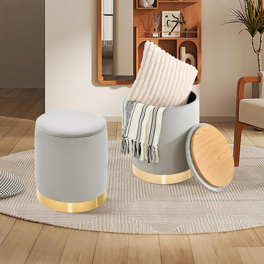 Round Ottoman with Storage Set of 2, Upholstered Velvet Storage Ottomans, Vanity Stool, Multifunctional Ottomans, Coffee Table Foot Rest Ottoman for Living Room Bedroom, Light Grey