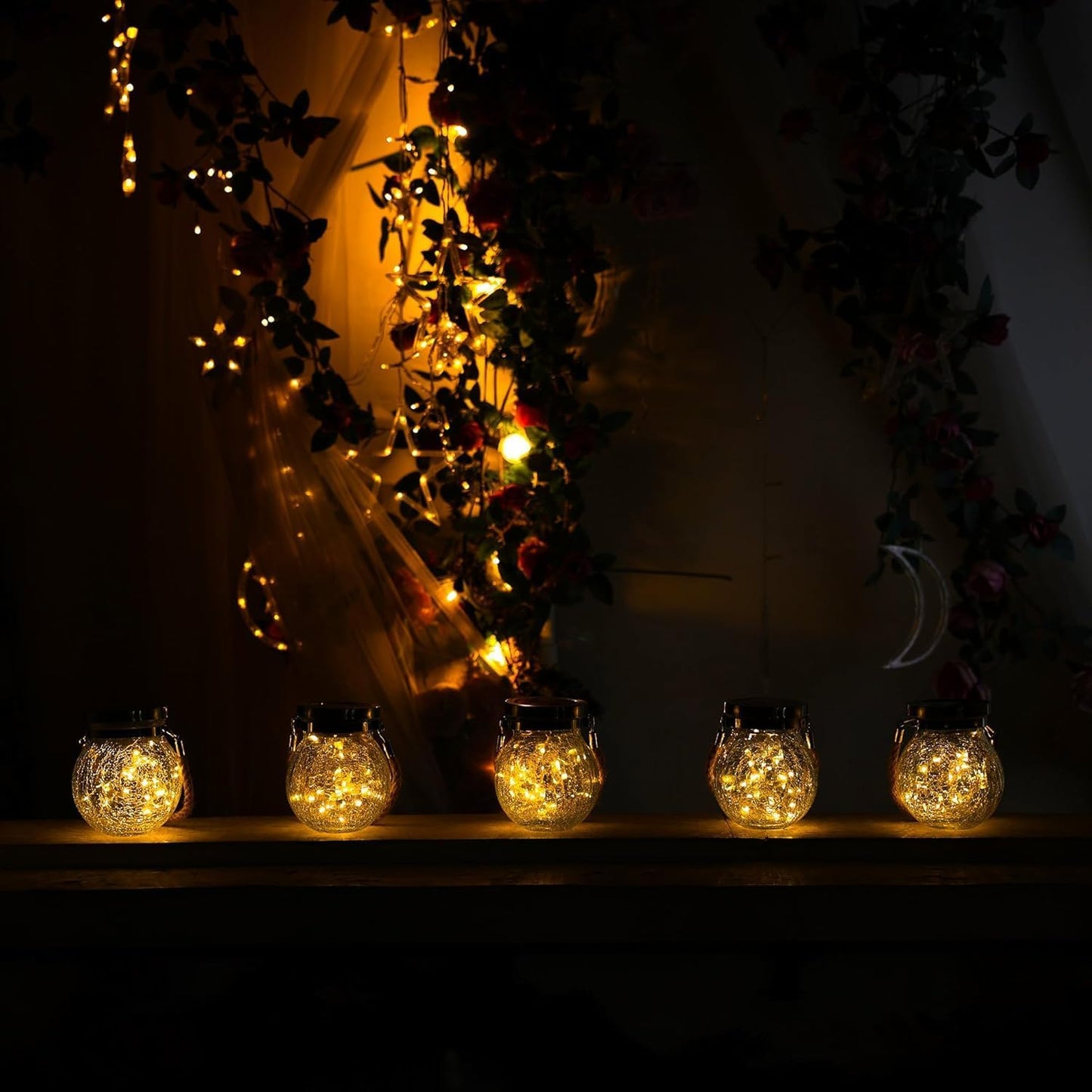 Cooo 4 Pack Heavy Crackle Glass Solar Lantern with 30 LED Firefly Lights– Waterproof Outdoor Hanging Lamp 215% Larger Solar Panel, Stainless Steel Lid Decorative Lighting for Garden Patio Table