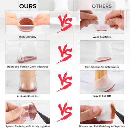 24PCS Upgraded Silicone Chair Leg Floor Protectors for Hardwood Floors, Furniture Sliders for Chair Legs, Felt Bottom Furniture Pads, Anti-Slip Round&Square Cap Covers to Scratch and Reduce Noise