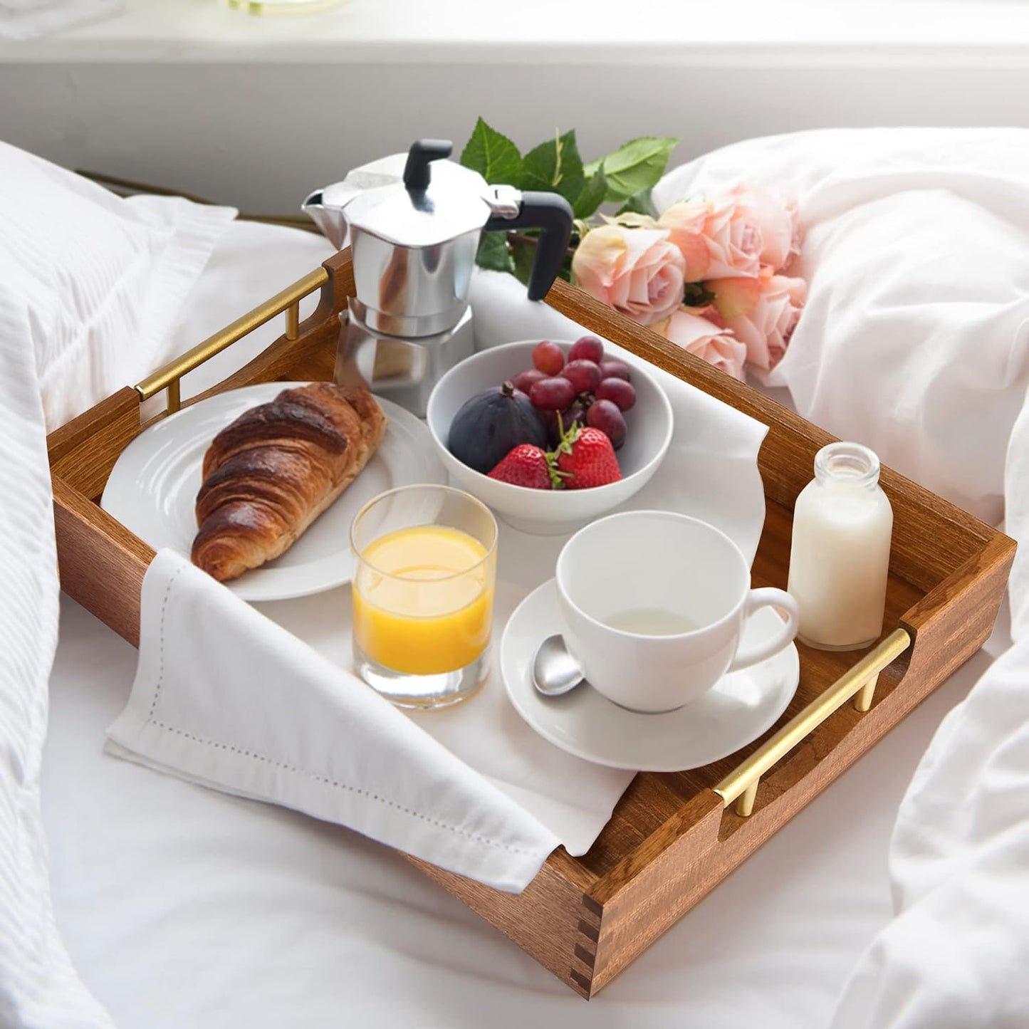 LotFancy Wood Serving Tray with Metal Handles, 17x13 Inch, Large Ottoman Tray, Decorative Wooden Tray for Living Room, Ottoman, Coffee Table, Countertop Centerpiece