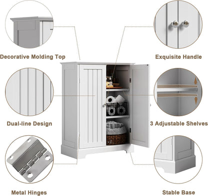 ChooChoo Bathroom Floor Cabinet, Modern Bathroom Storage Cabinet with 2 Doors and Adjustable Shelves, Freestanding Cupboard for Living Room, White
