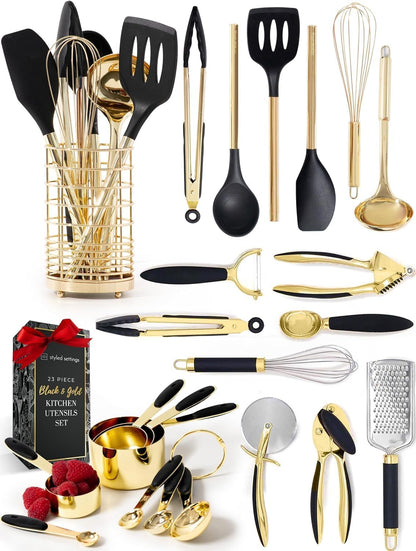 Black and Gold Kitchen Utensils Set - 23-Piece Luxury Kitchen Accessories Includes Gold Measuring Cups, Spoons, Silicone Cooking Utensils and Tools for Baking, Cooking, and Stylish Kitchen Decor