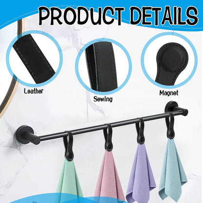 4 PCS Genuine Leather Towel Clips for Kitchen, Magnetic Hand Clips, Towel Holder with Magnet for Rods and Racks, Bathroom Accessory (Black)