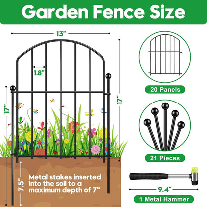 Decorative Garden Fence 17in (H) x20ft (L), Arched Rustproof Metal No Dig Fence for Dogs & Rabbit, Ornamental Animal Barrier for Flower Beds, Border Panels Fencing for Yard & Patio Outdoor Decor