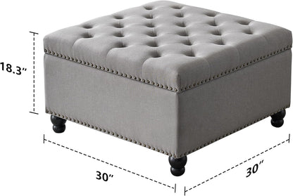 Ottoman with Storage, Large Storage Ottoman, 30 in Square Ottoman Coffee Table,Tufted Upholstered Coffee Tables for Living Room, Grey