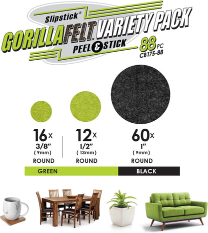 Slipstick Gorilla Felt 1 Inch Furniture Pads (88 Piece Combo) Premium Furniture Pads & Chair Leg Floor Protectors for Hardwood Floors & Hard Surfaces
