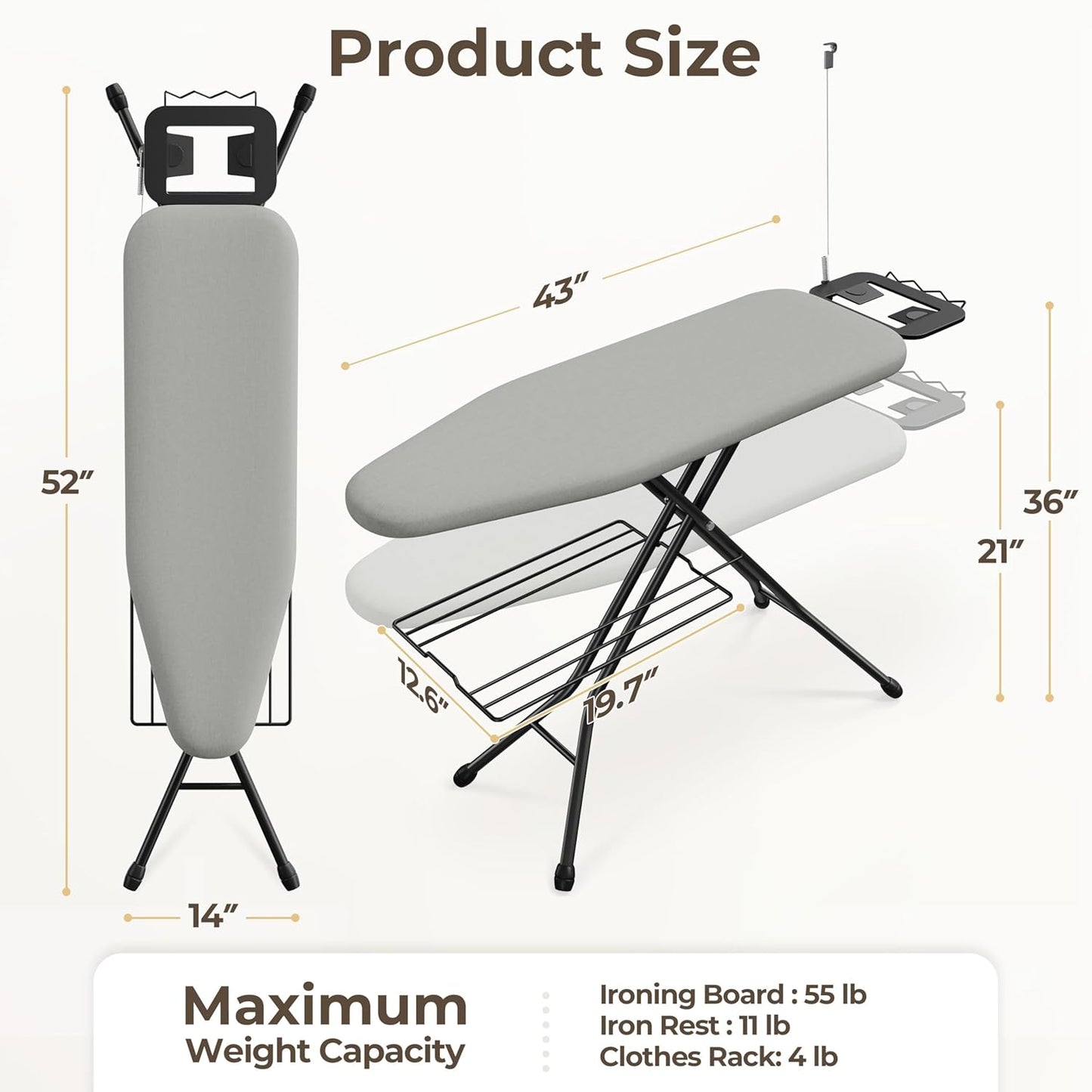 Yaheetech Ironing Board, Compact Iron Board with Cord Holder, Steam Iron Rest and Bottom Storage Tray, 9 Adjustable Heights & 3 Layer Cover, Folding Heavy Duty Ironing Board 52X14, Gray