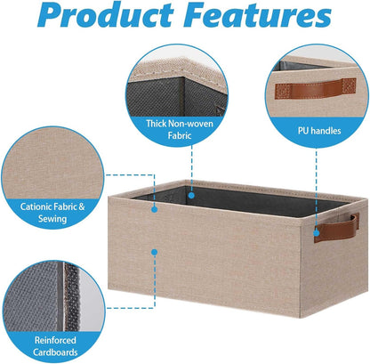 GhvyenntteS Small Fabric Storage Bins 6 Pack, 11.8" x 7.87" x 5.11" Storage Basket with Leather Handles, Closet Storage Bins for Shelves, Storage Baskets for Shelves, DVD Storage (Beige Yellow)