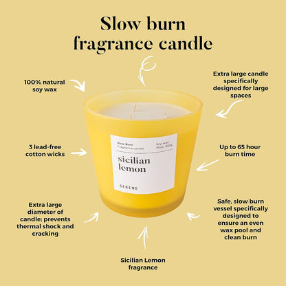 Hidden Label Large Scented Candle, Sicilian Lemon, 30oz 3 Wick Huge Candle, Serene Collection Slow Burn Natural Soy Candles for Home Scented