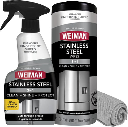 Weiman Stainless Steel Cleaner Kit - Removes Fingerprints, Residue, Water Marks, and Grease