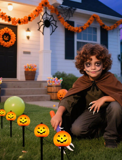 Classic Halloween Charm: 5 Pack Plug-in Pumpkin Pathway Lights Outdoor, Waterproof Jack o' Lantern Garden Stakes with Warm C7 Bulbs for Walkway & Yard Decor