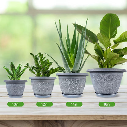 14 Inch Large Planter Pot for Plants Indoor Outdoor, 4 Pack Plastic Flower Pots with Drainage Hole & Tray, Modern Decorative Garden Pot with Saucer, Plant Container for House