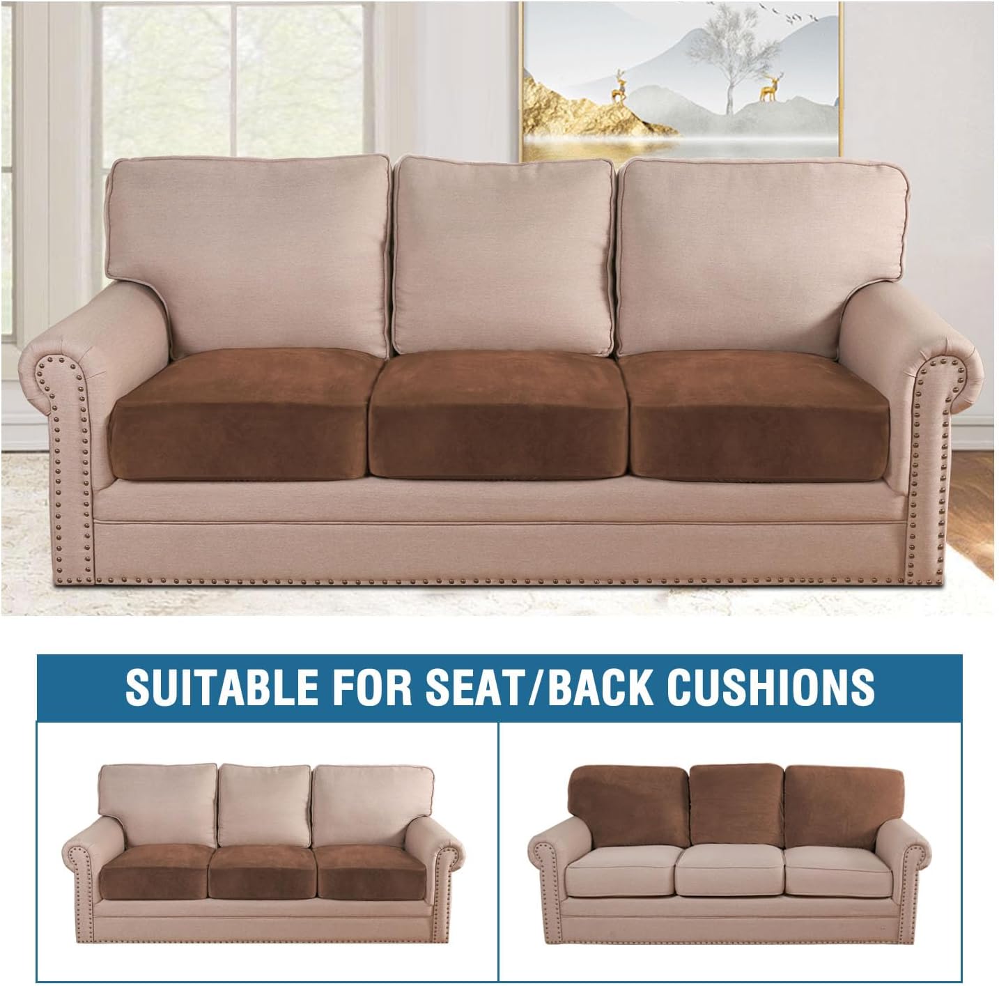 H.VERSAILTEX Velvet Stretch Couch Cushion Cover Plush Cushion Slipcover for Sofa Cushion Furniture Protector Seat Cushion Sofa Cover (3 Piece Sofa Cushion Covers, Caramel)