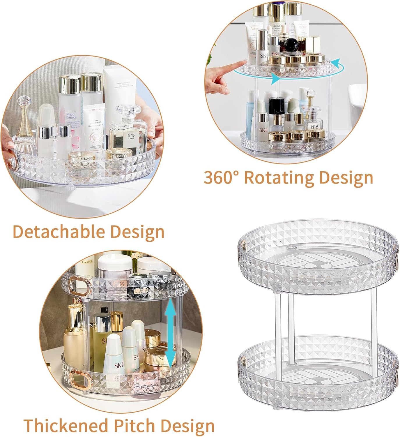 Wesoke 2 Tier Lazy Susan Turntable Cupboard Organiser, Large Rotating Kitchen Spice Rack Spinning Condiment Seasoning Organizer, Detachable Revolving Bathroom Makeup Tray Holder for Cabinet Fridge