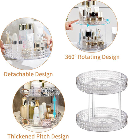 Wesoke 2 Tier Lazy Susan Turntable Cupboard Organiser, Large Rotating Kitchen Spice Rack Spinning Condiment Seasoning Organizer, Detachable Revolving Bathroom Makeup Tray Holder for Cabinet Fridge