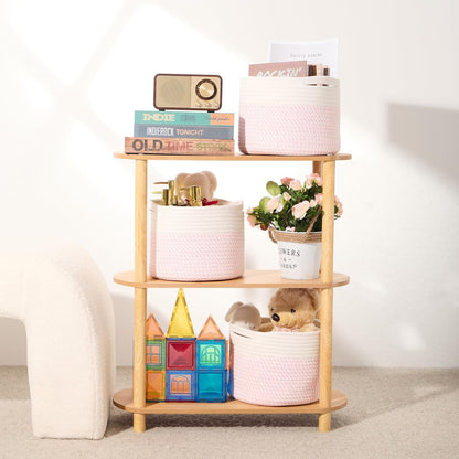 Small Basket for Organizing | Cube Shelf Closet Storage Baskets | 9.7×9.7×7.1” | Woven Rope Gift Basket | Nursery | Round 3 Packs Pink