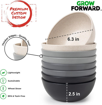 Grow Forward Premium Wheat Straw Bowls - 27oz Microwave Safe Plastic Cereal Bowls Set of 8 for Kitchen, Camping, RV, Dessert, Snack, Soup, Salad, Fruit - Reusable, Unbreakable & BPA Free - Moonlight