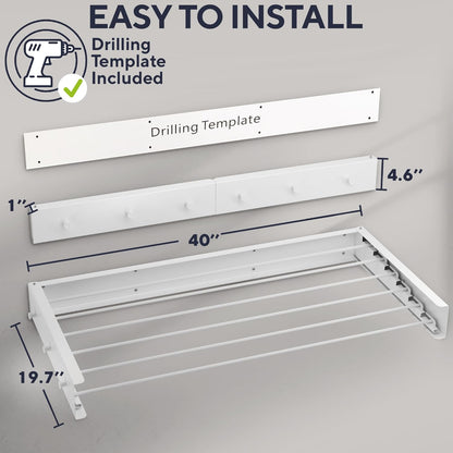 Foldable Wall Mounted Drying Rack 40 inch - Easy to Install Hanging Rack for Laundry Room - Space Saving Design with 66-lb Capacity - Perfect Drying Racks for Clothes Towels & More