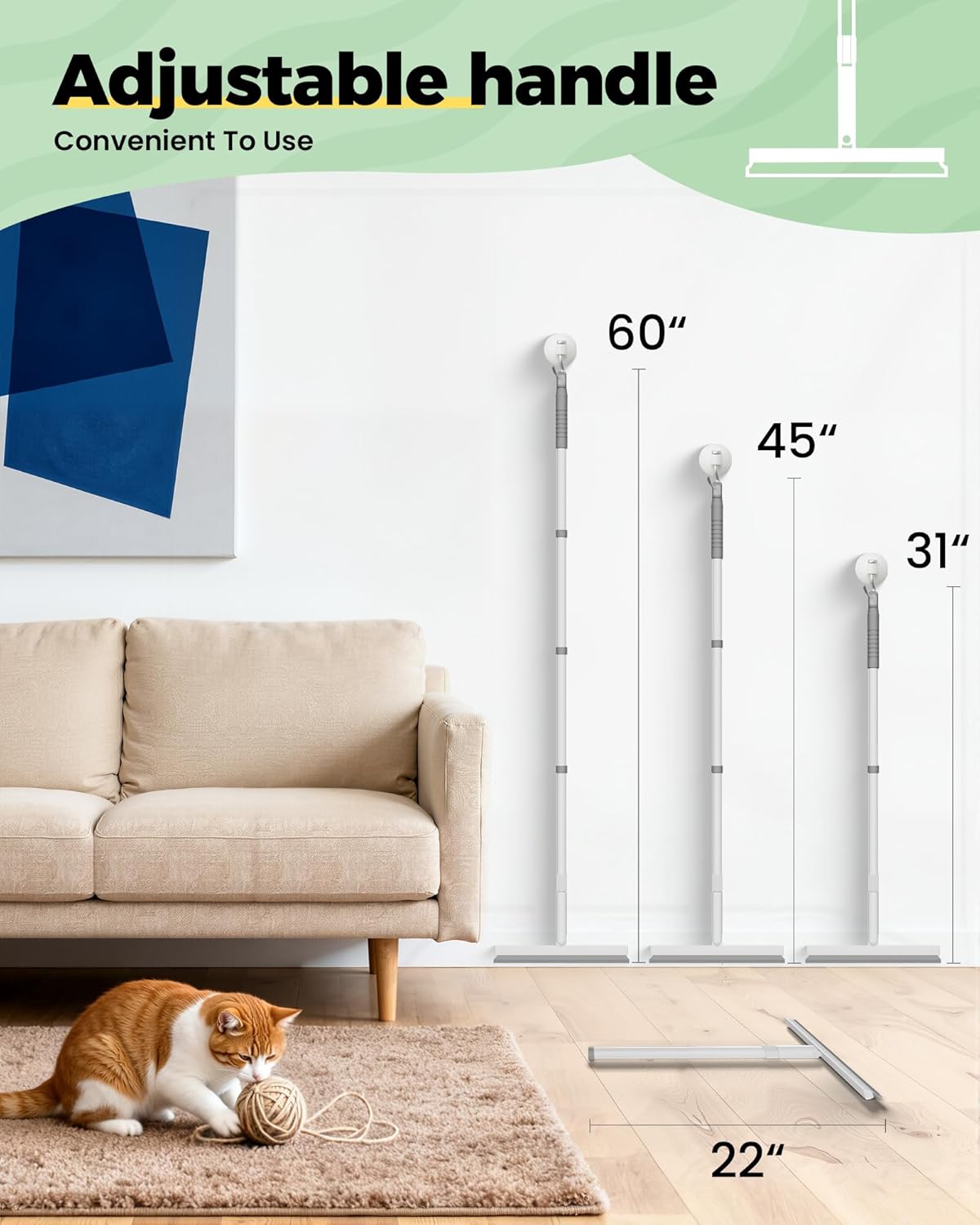 Carpet Rake for Pet Hair Removal Tool - 4 in 1 Pet Hair Remover Kit for Dog Cat Fur Remover, Contain 60" Adjustable Rubber Broom, Glove, Magic Brush and Scraper for Home Furniture, Rugs, Mats