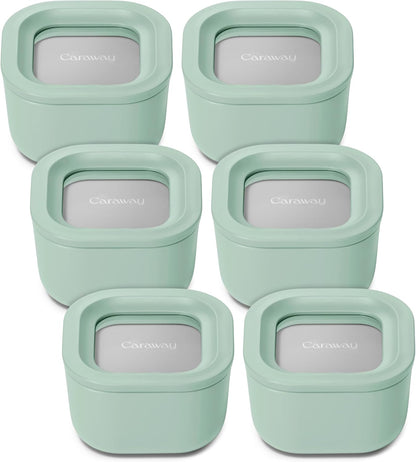 Caraway 6pc Food Storage Container Set - 1.75 Cup Glass Storage Container for Food (6) - Non-Toxic Ceramic-Coated Glass - Air Release Technology - Compact & Stackable Design - Mist