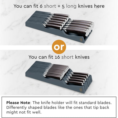 In-Drawer Knife Block - Bamboo Knife Drawer Organizer for Kitchen - Fits 5 Long + 6 Short Knives, Store Knives with Blades Pointing Down - Wooden Steak knife Holder without Knives (Grey)
