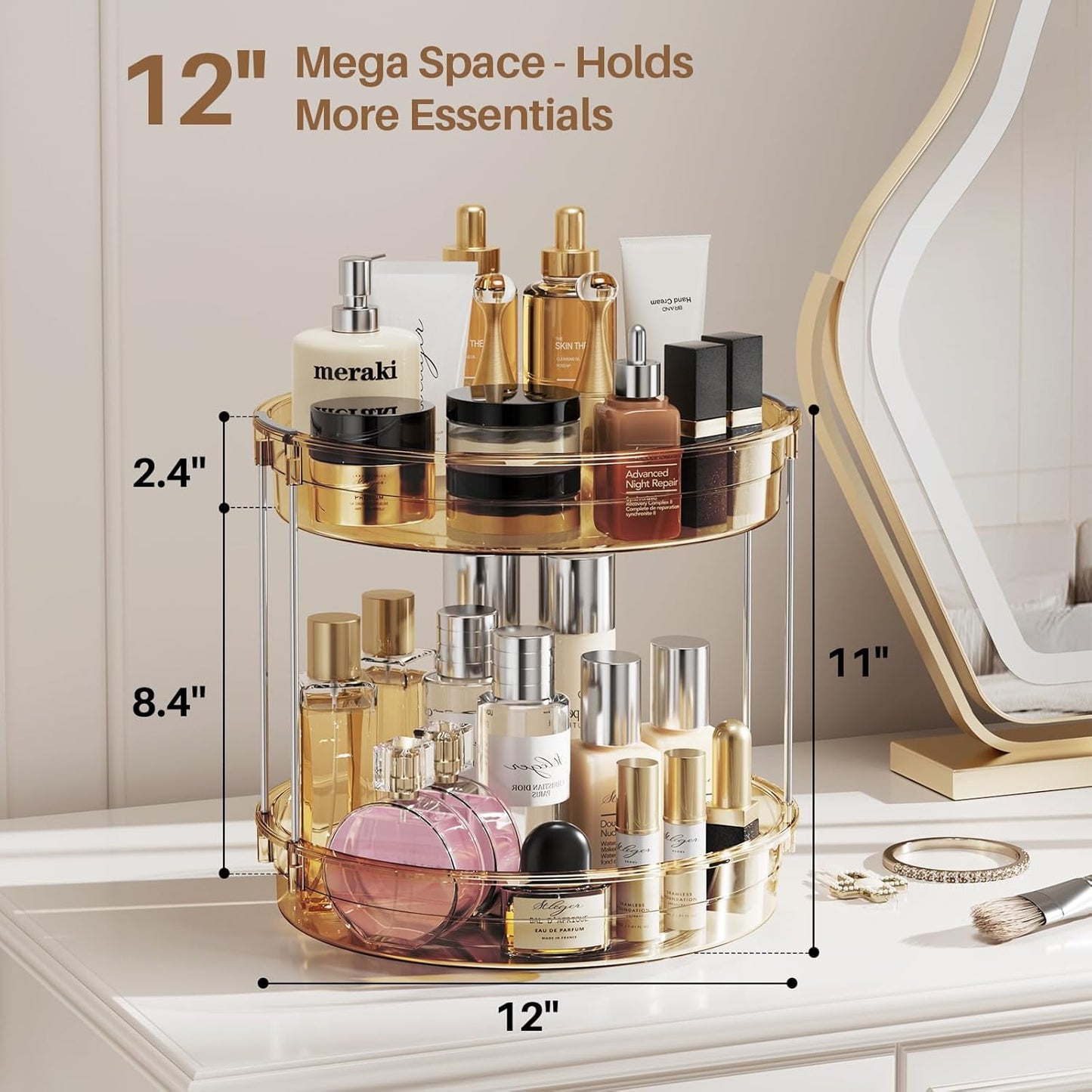 LAMU 2 Pack 2 Tier Lazy Susan Turntable Organizer 12'' Rotating Spice Rack Organization for Cabinet, Kitchen, Pantry, Countertop, Bathroom, Vanity, Medicine Cabinet Organizer, Amber