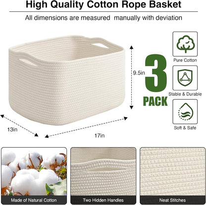 Large Storage Baskets for Organizing Shelves, Woven Cotton Rope Bins for Baby Nursery Organization, Book Toy Towel Organizer, 17"x13"x9.5", 3 Packs, Off White