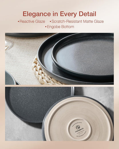 Famiware Milkyway Plates and Bowls Sets, 18 Pieces Dinnerware Sets, Reactive Glaze Dish Set, Stoneware Dishes Set for 6, Matte Dark Charcoal