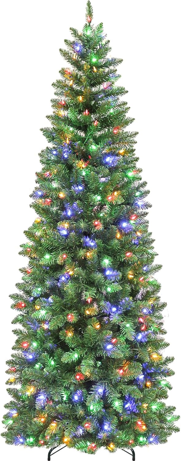 Hykolity 7.5 ft Prelit Pencil Slim Christmas Tree, 792 Branch Tips, 300 Color Changing LED Lights for Decoration, Metal Stand and Hinged Branches, 10 Color Modes