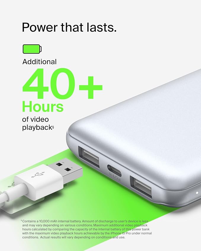Belkin Portable Charger, USB C Power Bank 10,000mAh w/ 2xUSB-A Ports, 15W w/Type-C to Type-A Cable for iPhone 17, Air, Samsung Galaxy S25, iPad, Nintendo Switch 2, Google Pixel 10, etc. - Pearl Blue