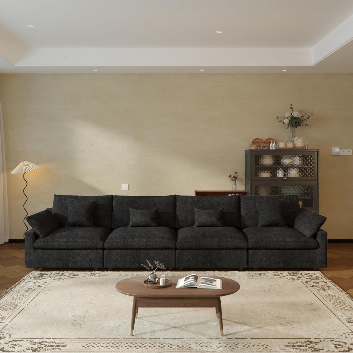 JACH Sectional Couches for Living Room, 4 Seater Cloud Sectional Couch with Deep Seat, Down Filled Modular Sofa, Covers Removeable & Washable, Sofas Furniture for Living Room, Black