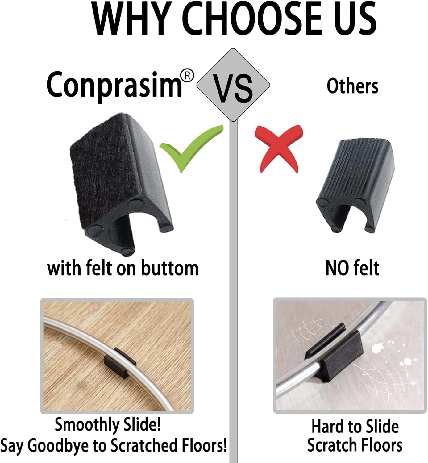 Rectangle U Shaped Chair Leg Tips Caps with Felt Pads,Furniture Feet Protector Slide Smoothly Glides No Scratches No Noise Protect Hardwood Floor,Fit 14mm(9/16inch) Diameter Tubular Leg (Black 8PCS)