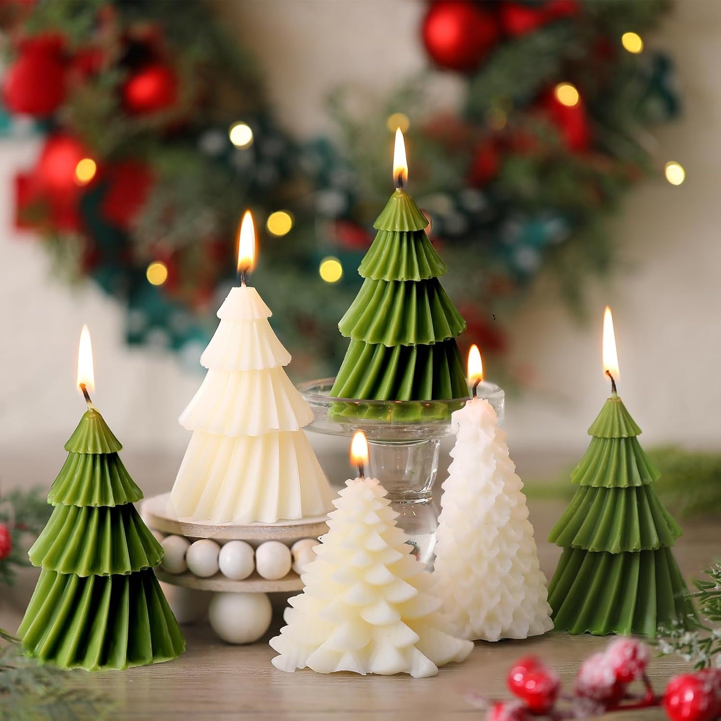 6 Pcs Christmas Tree Shaped Candles Xmas Wax Scented Candles White Green Decorative Christmas Tree Gifts for Xmas Eve Winter Holiday Party New Year Bedroom Room Table Decor, 4 Classic Styles