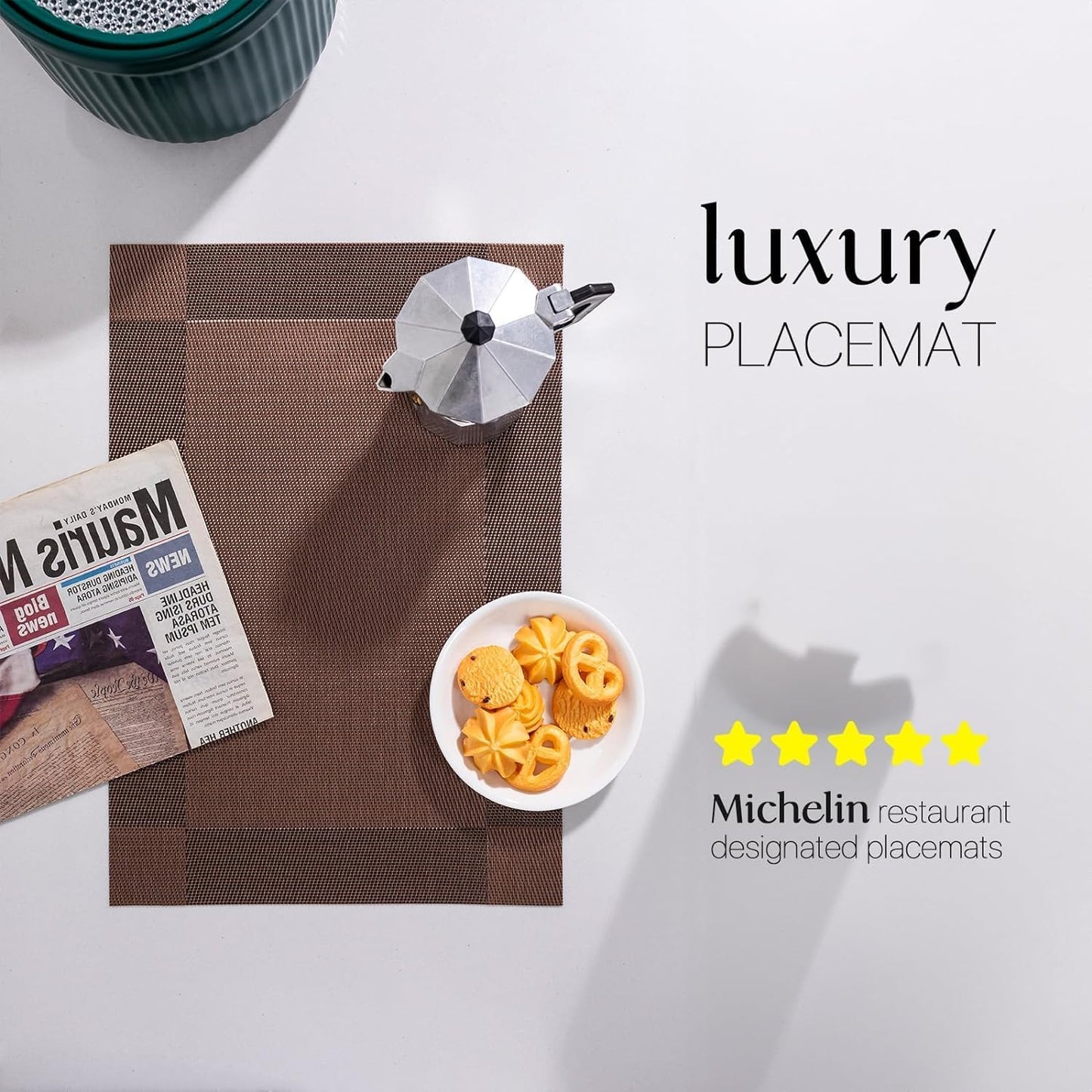 LEXMORE PlaceMats Set of 12 Vinyl/Plastic Woven Place Mats for Kitchen Table Indoor/Outdoor Washable PlaceMat Wipeable Dining Table Mats(Brown Cube)