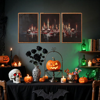 Aurlan Gothic Bloody Skull and Candles Framed Wall Art(16"x24"), 3PCS Horror Dark Academia Halloween Skeleton Canvas Artwork, Modern Goth Spooky Creepy Ghost Decor for Home Office Bedroom