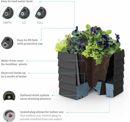 Crescent Garden TruDrop Self Watering Slat Square Box Planter - Indoor Outdoor Planter Box with Built-in Reservoir & Water Level Indicator, All Weather Flower Pot, 22'' (Caviar Black)
