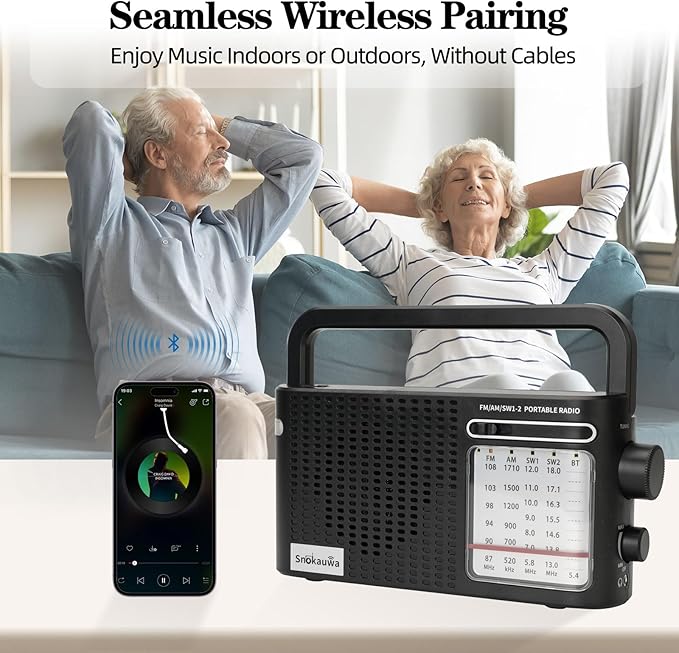 Portable Weather Radio AM FM SW,Wall Plug and Battery Powered,with Bluetooth,Big Speaker,Large Dial,High/Low Tone Mode,Earphone Jack,Flashlight,for Home,Picnic,Gifts for Seniors Elderly