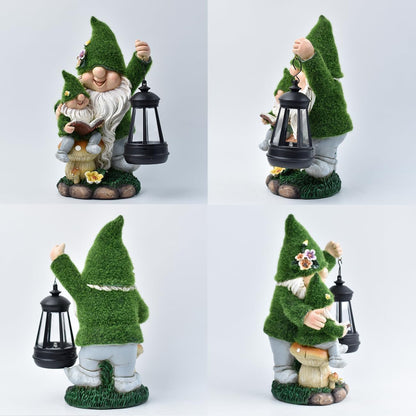 Solar Garden Gnome Statue Flocked Reading Parent & Child Gnomes with LED Light, Outdoor Waterproof Lawn Ornament Decor for Patio Lawn Yard Pathway Gift Idea for Women Mom Mothers Day