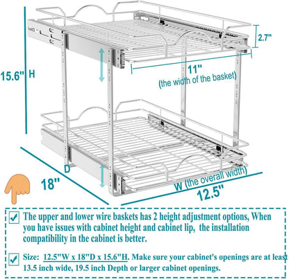 OCG 2 Tier Pull Out Cabinet Organizer (12.5" W x 18" D), Pull Out Drawers for Kitchen Cabinets, Pull Out Shelves for Base Cabinet Organization in Kitchen Bathroom Pantry, Chrome Finish