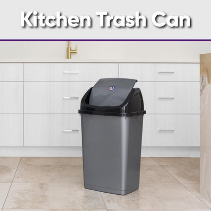 Superio Kitchen Trash Can 13 Gallon with Swing Lid, Plastic Tall Garbage Can Outdoor and Indoor, Large 62 Qt Recycle Bin and Waste Basket for Home, Office, Garage, Patio, Restaraunt (Grey/Black)
