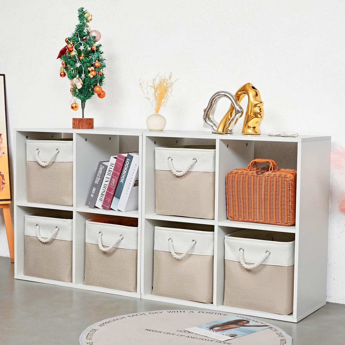 12 x 12 Inch Cube Storage Bins, 6 Pack Large Collapsible Fabric Storage Bin with Ropes, Foldable Storage Cubes for Home, Office,Closet, Clothes, Toys Organizer (White & Beige)