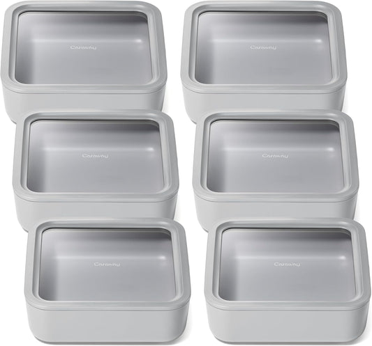 Caraway 6pc Glass Food Storage Set – 10 Cup Food Containers (6) - Ceramic Coated - Non Toxic, Non Stick with Lids - Microwave Safe - Gray